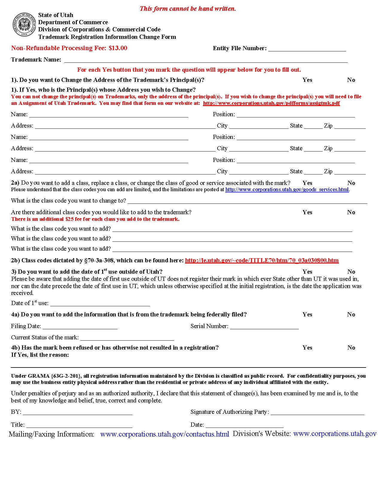 Trademark Registration Information Change Form | Pdf Fpdf Doc Docx | Utah