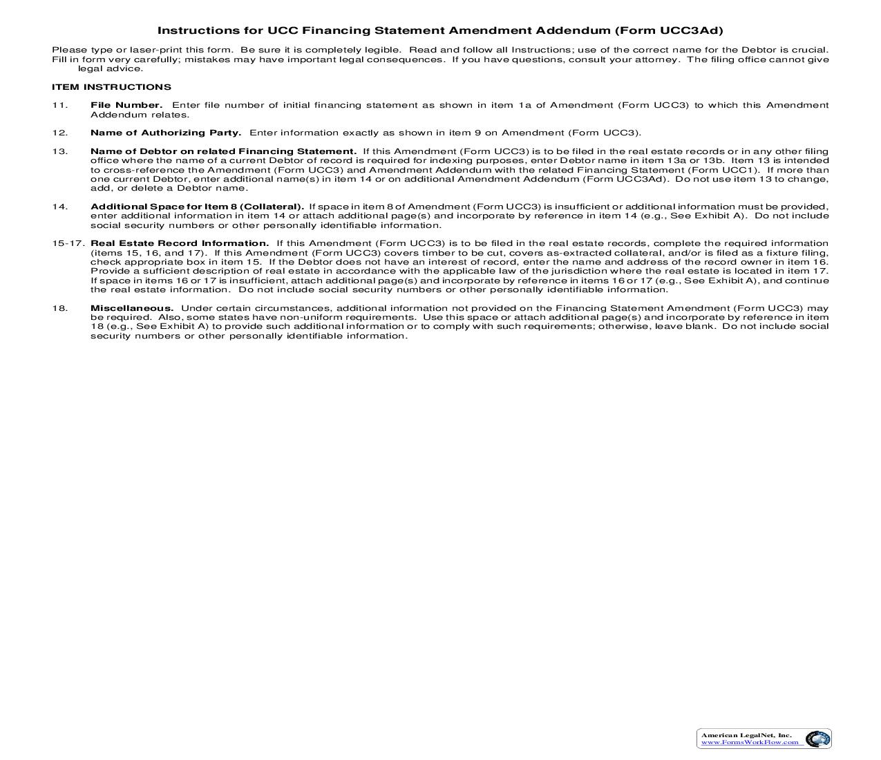 Instructions For National UCC Financing Statement Amendment Addendum (Form UCC3Ad) {UCC3Ad} | Pdf Fpdf Doc Docx | Utah