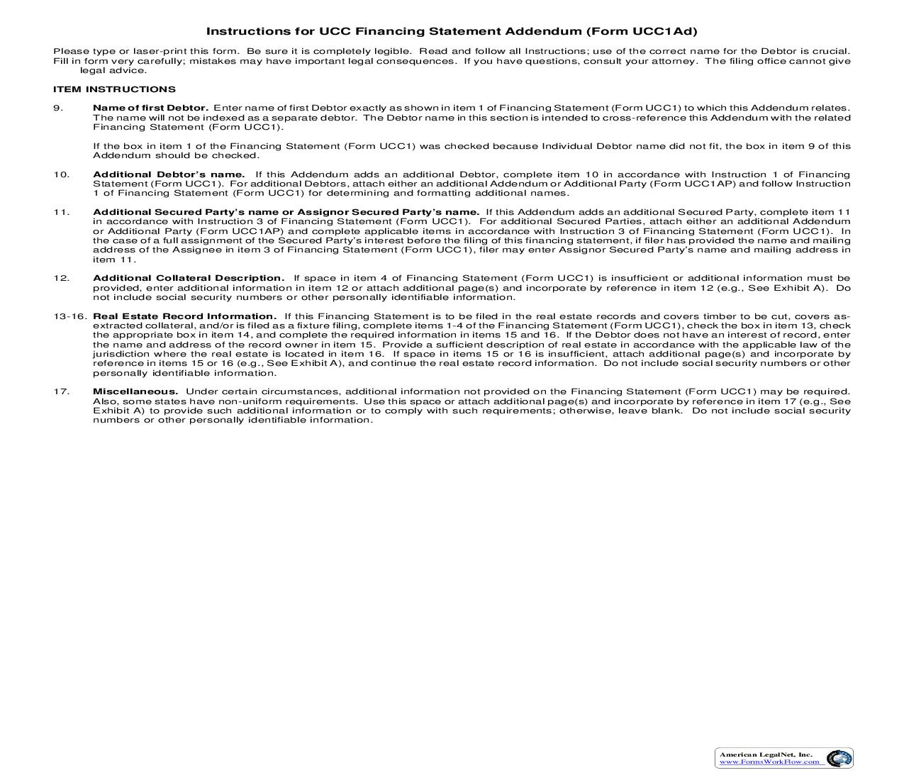 Instructions For UCC Financing Statement Addendum (Form UCC1Ad) {UCC1Ad} | Pdf Fpdf Doc Docx | Utah