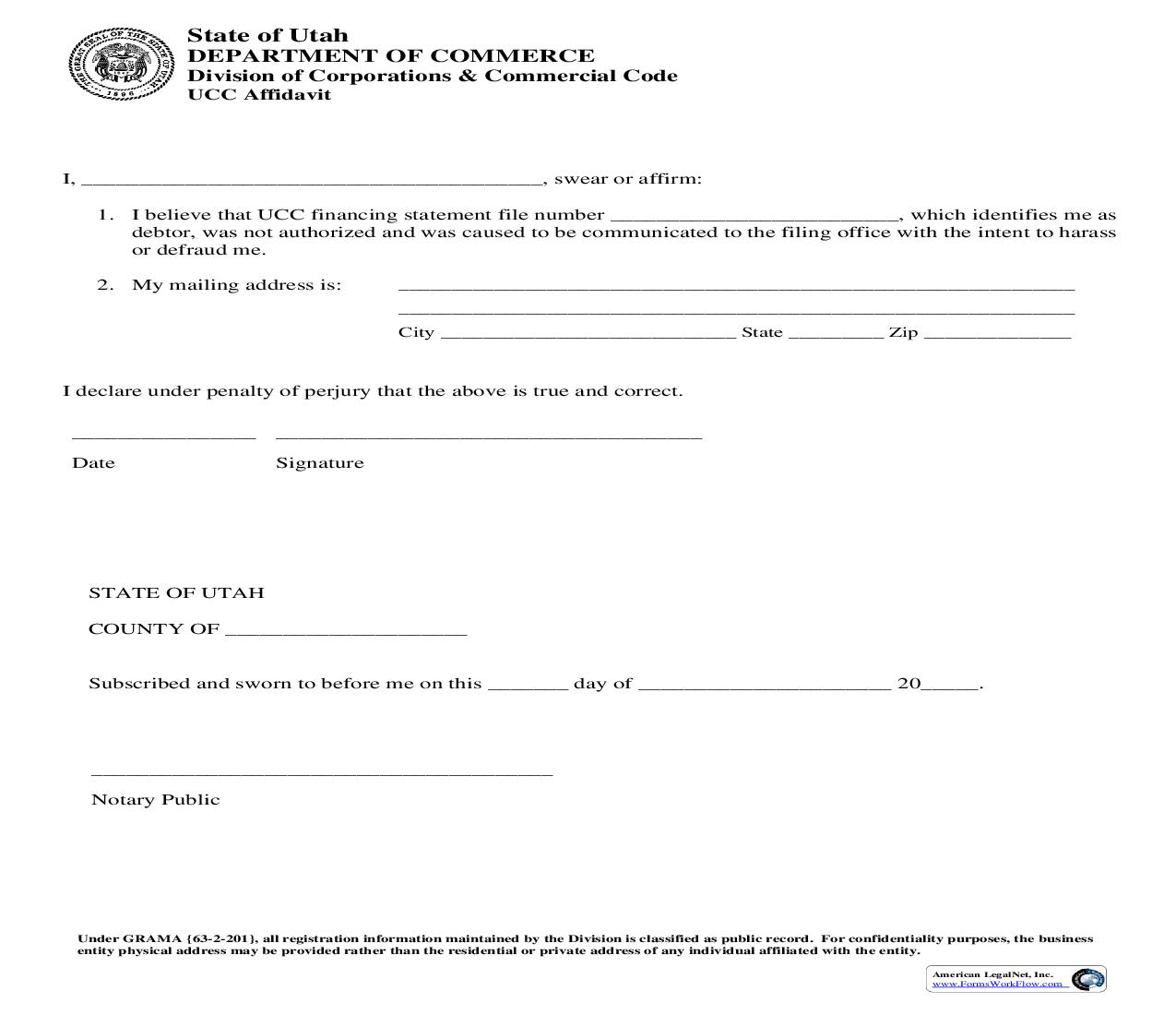 UCC Affidavit | Pdf Fpdf Doc Docx | Utah