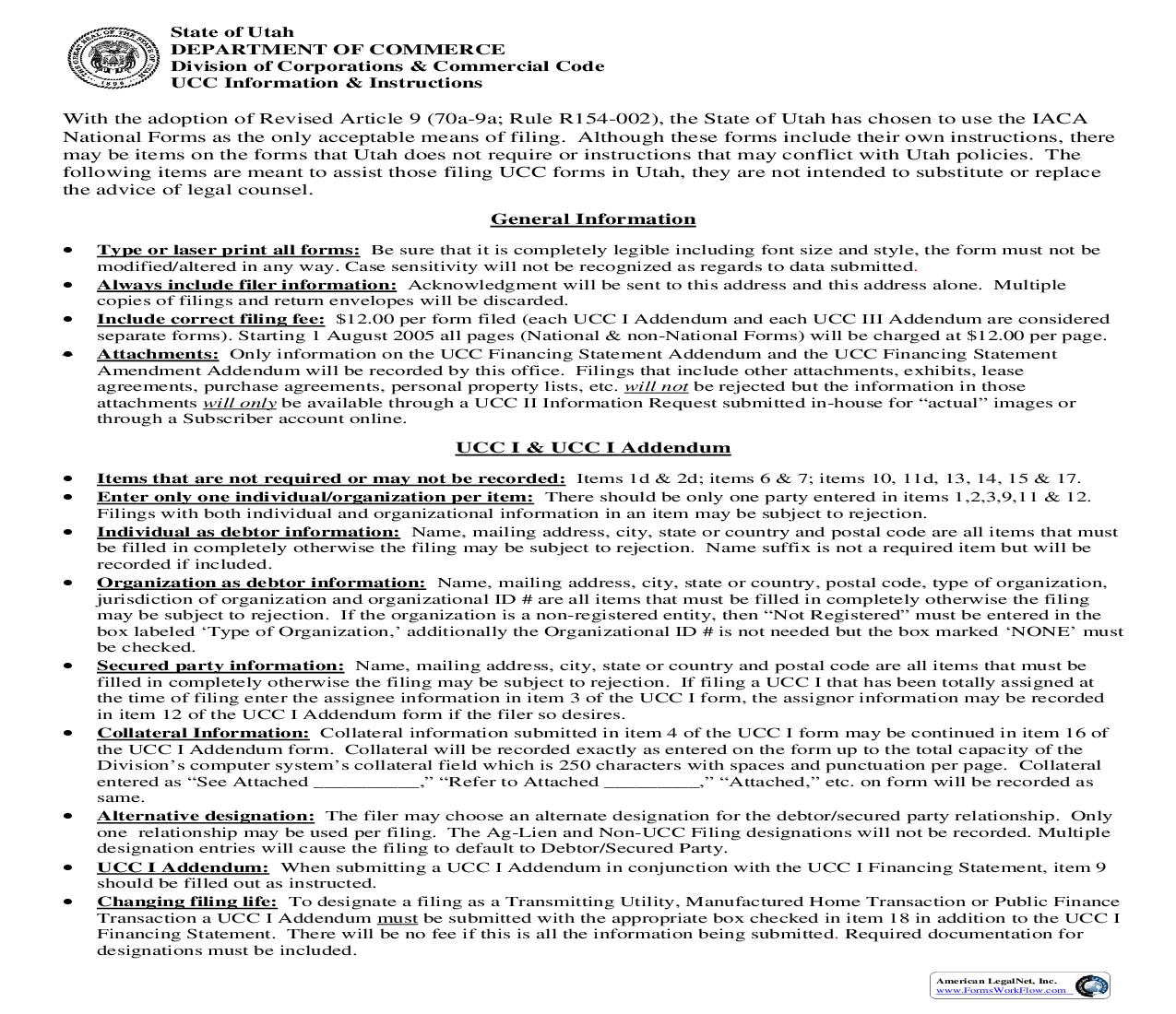 UCC Information And Instructions | Pdf Fpdf Doc Docx | Utah
