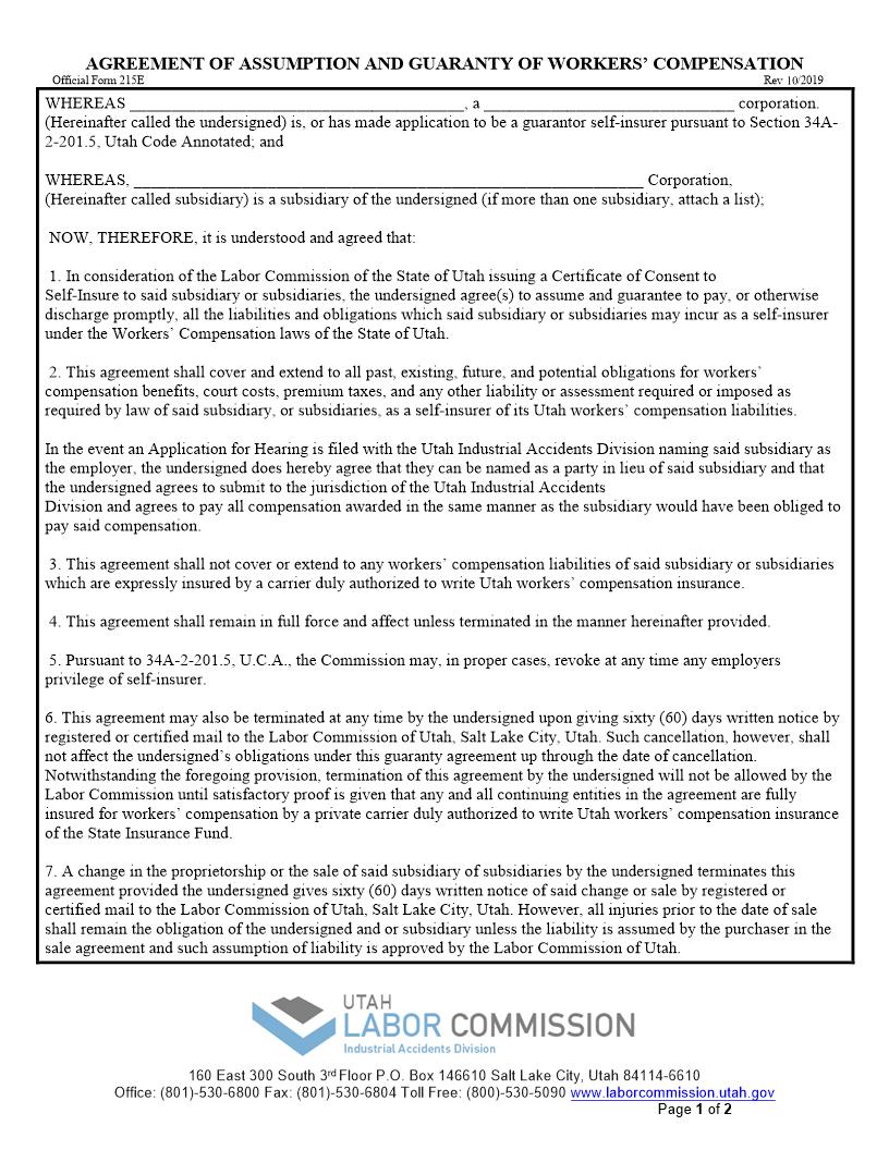 Agreement Of Assumption And Guaranty Of Workers Compensation {215E} | Pdf Fpdf Docx | Utah