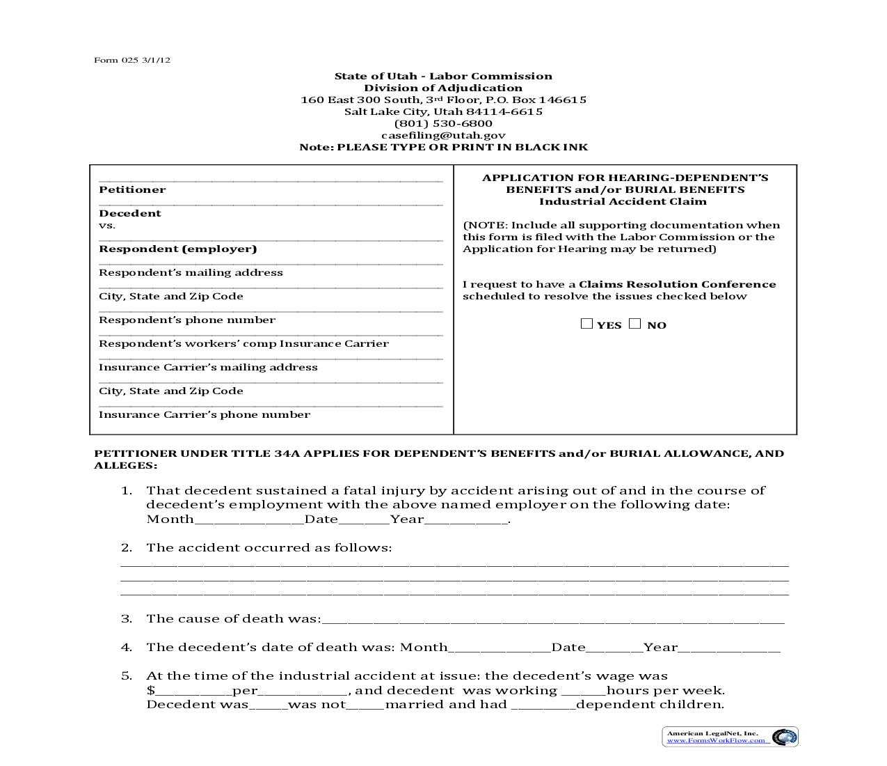 Application For Dependents Benefits And Or Burial Benefits {025} | Pdf Fpdf Docx | Utah