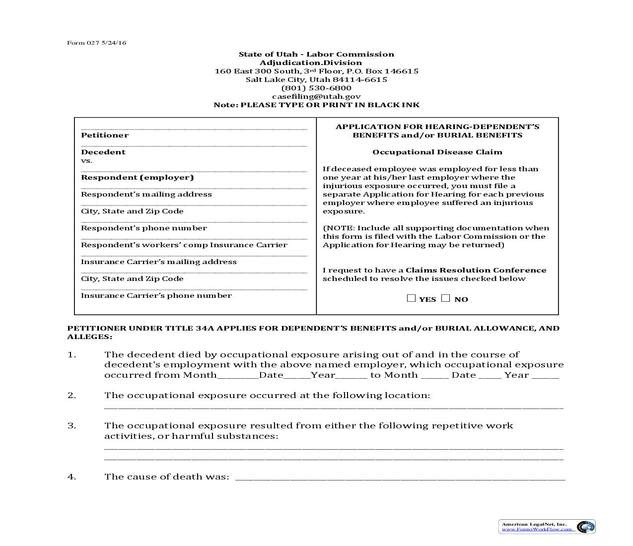 Application For Dependents Benefits And Or Burial Benefits (Occupational Disease Claim) {027} | Pdf Fpdf Doc Docx | Utah