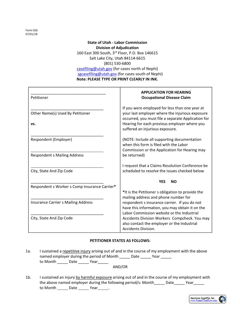Application For Hearing (Occupational Disease Claim) {026} | Pdf Fpdf Docx | Utah