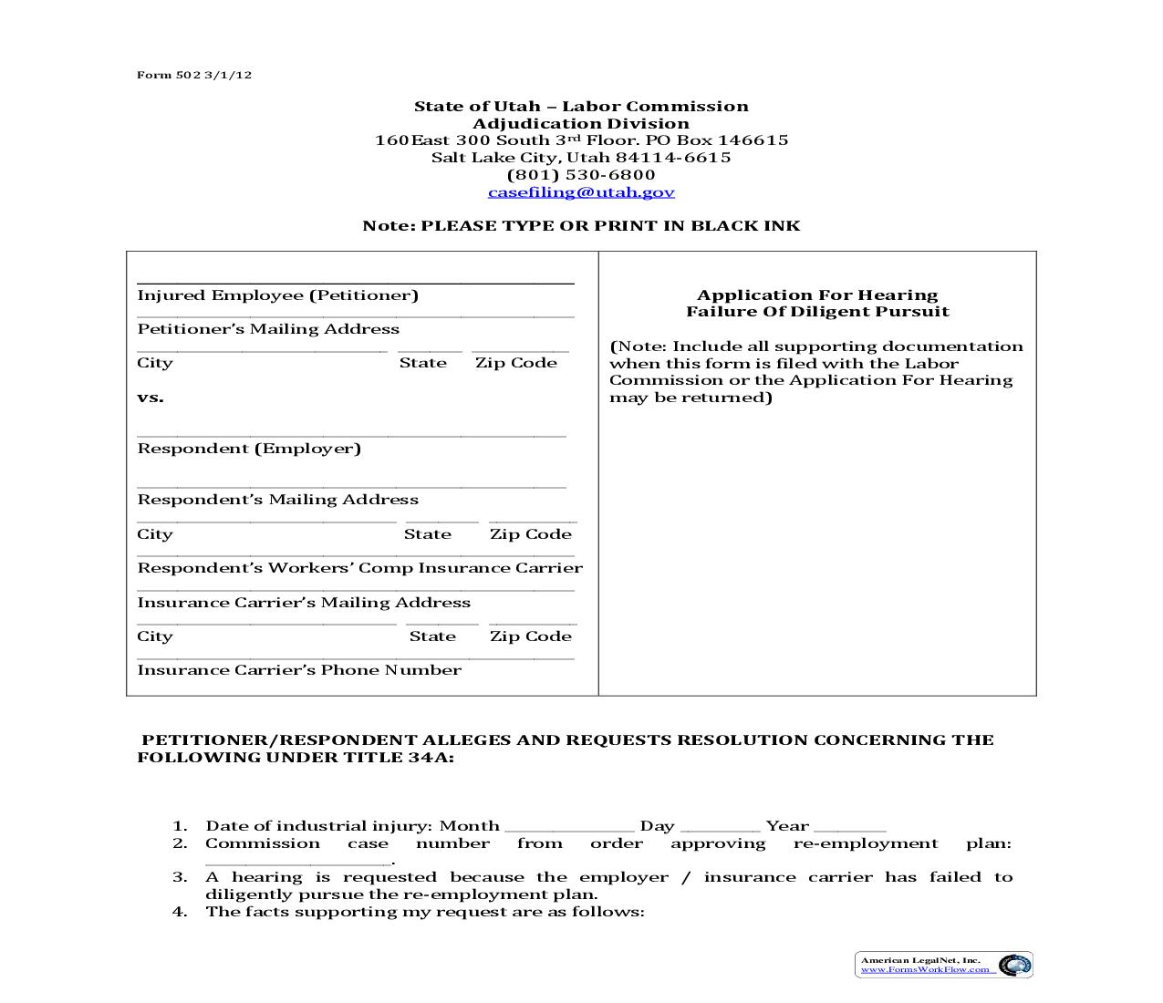 Application For Hearing Failure Of Diligent Pursuit {502} | Pdf Fpdf Doc Docx | Utah