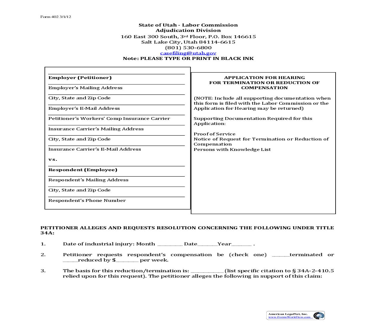 Application For Hearing For Termination Or Reduction Of Compensation {402} | Pdf Fpdf Doc Docx | Utah