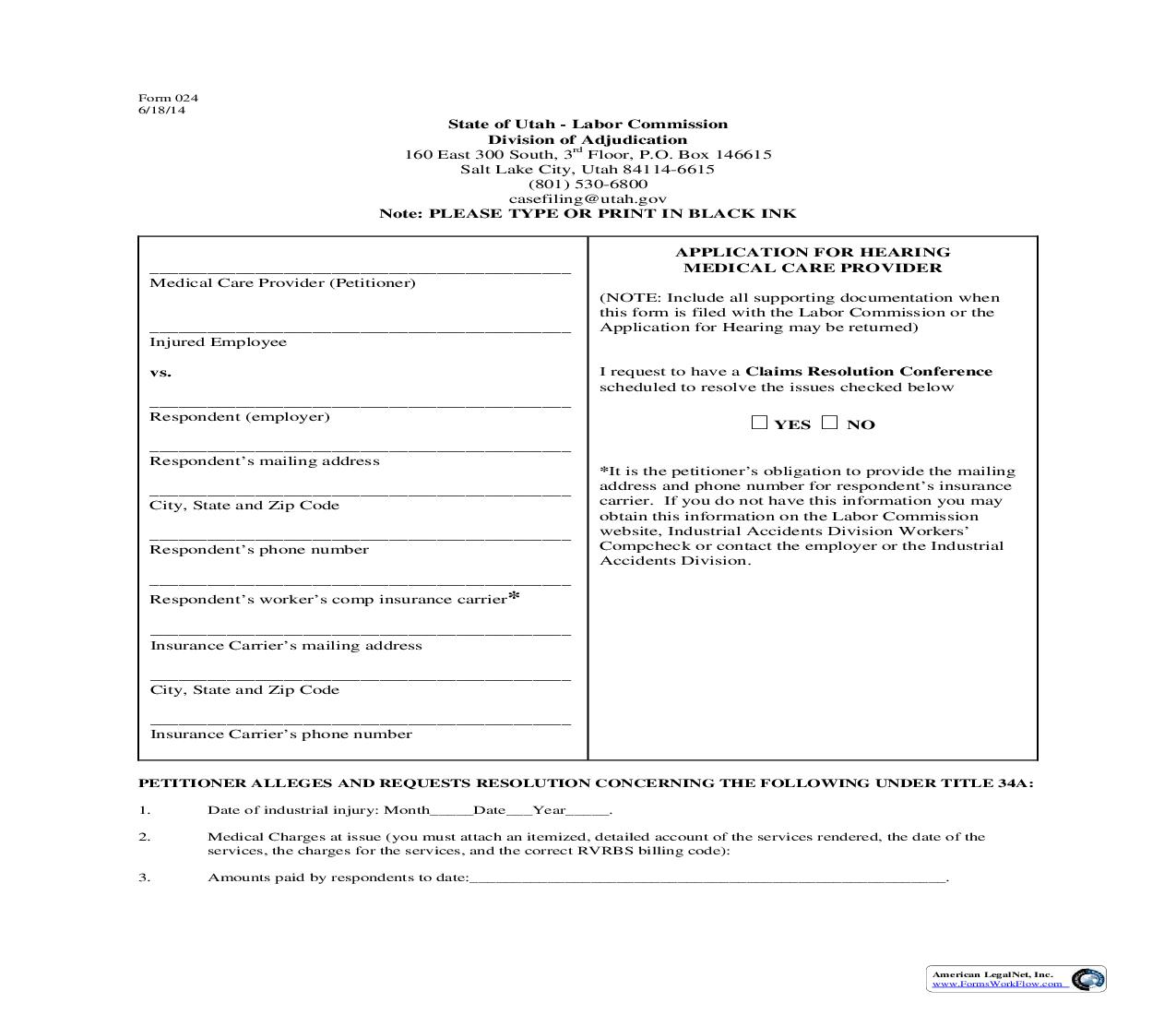 Application For Hearing Medical Care Provider {024} | Pdf Fpdf Doc Docx | Utah