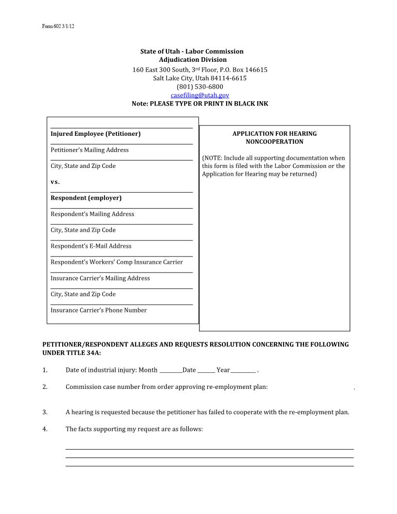 Application For Hearing Noncooperation {602} | Pdf Fpdf Docx | Utah