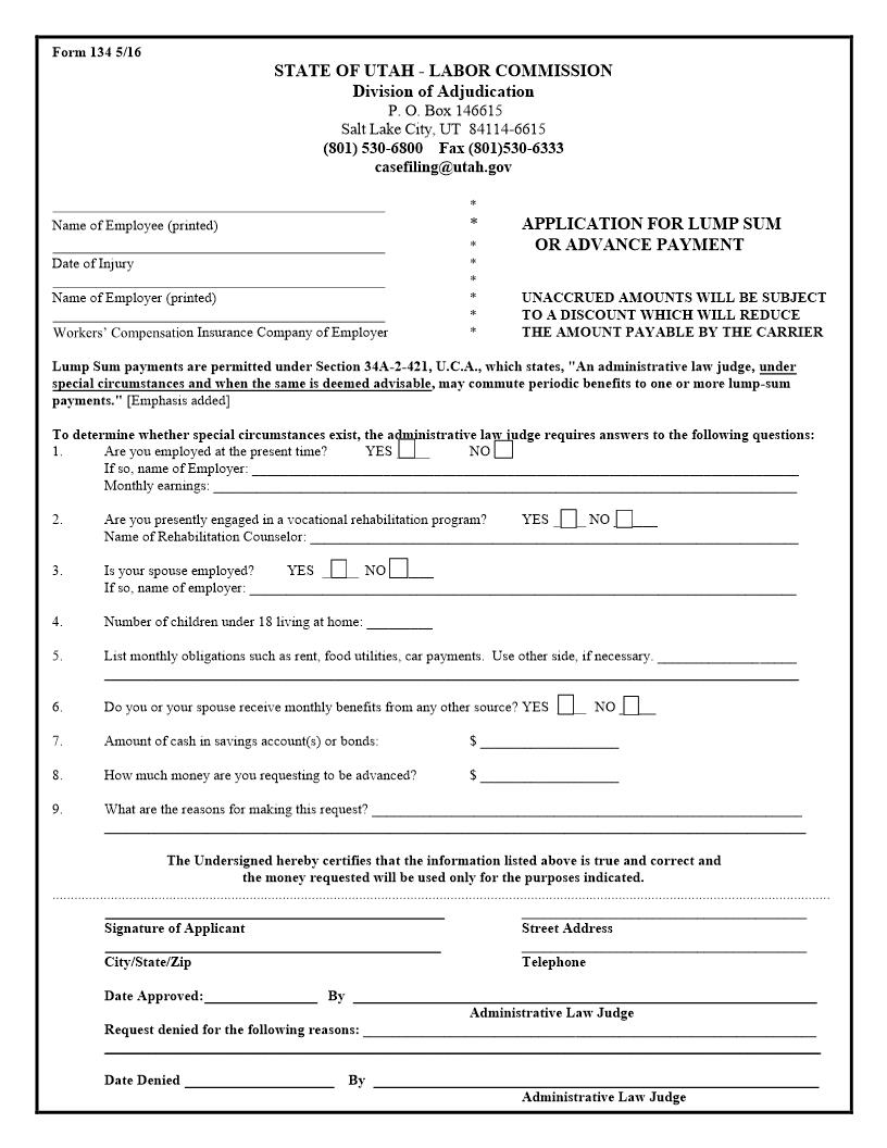 Application For Lump Sum Or Advance Payment {134} | Pdf Fpdf Doc Docx | Utah
