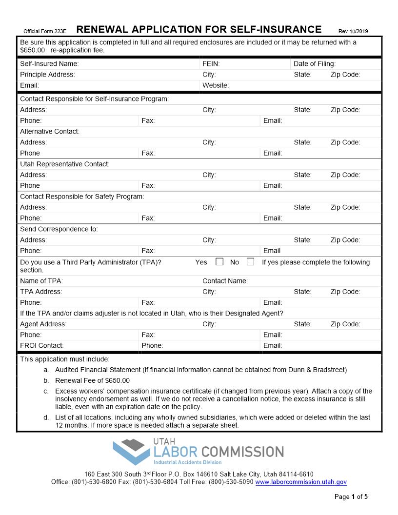 Application For Self-Insurance {223e} | Pdf Fpdf Docx | Utah