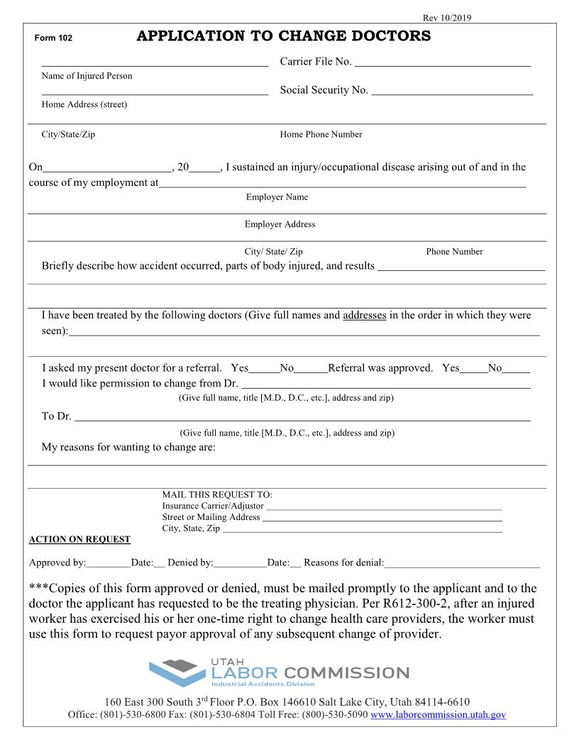 Application To Change Doctors {102} | Pdf Fpdf Doc Docx | Utah