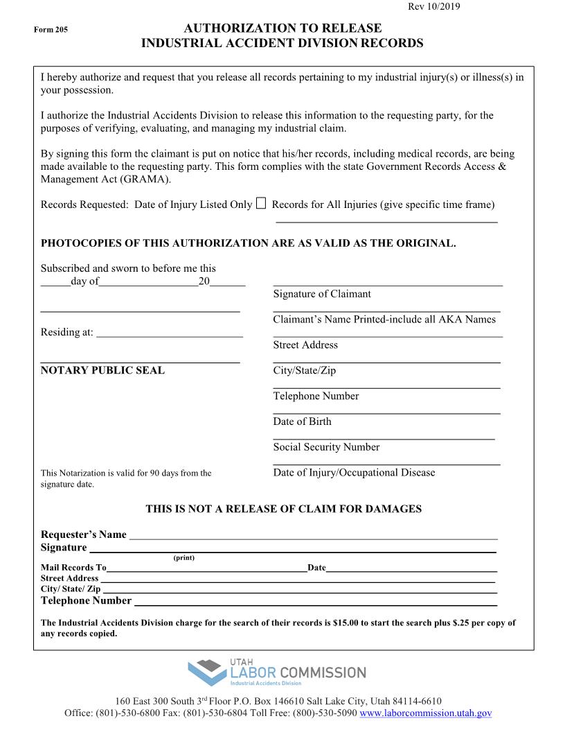 Authorization To Release Industrial Accident Division Records {205} | Pdf Fpdf Doc Docx | Utah