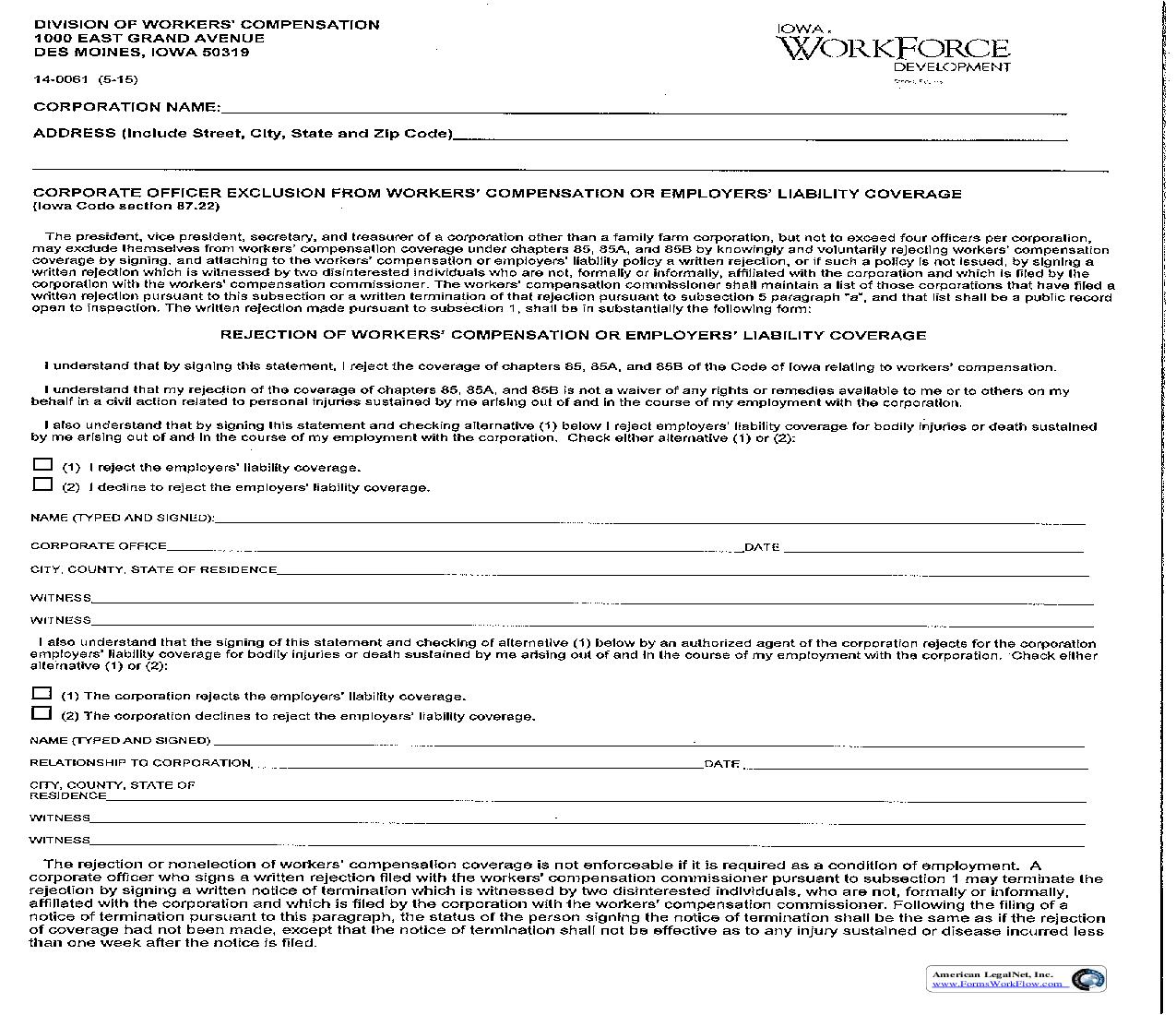 Corporate Officer Exclusion From Workers Compensation Or Employers Liability Coverage {14-0061} | Pdf Fpdf Doc Docx | Utah