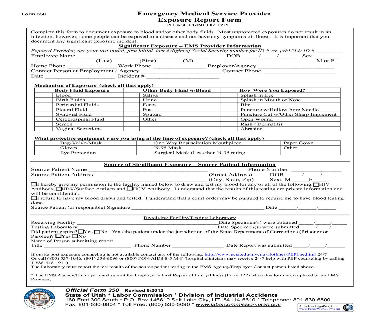 Emergency Medical Service Provider Exposure Report Form {350} | Pdf Fpdf Doc Docx | Utah