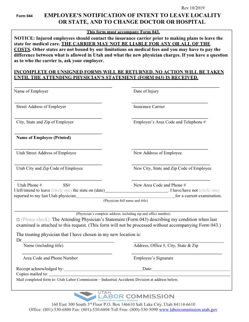 Employees Notification Of Intent To Leave State-Change Dr Or Hosp {044} | Pdf Fpdf Doc Docx | Utah