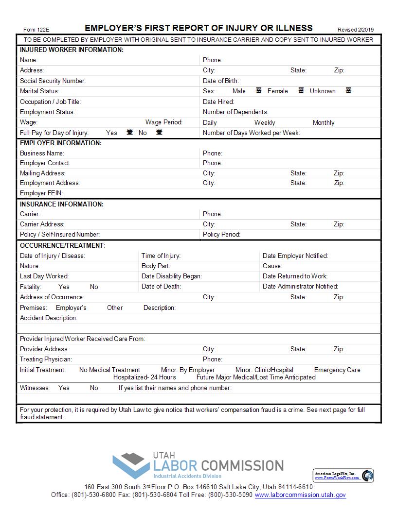 Employers First Report Of Injury Or Illness {122E} | Pdf Fpdf Docx | Utah