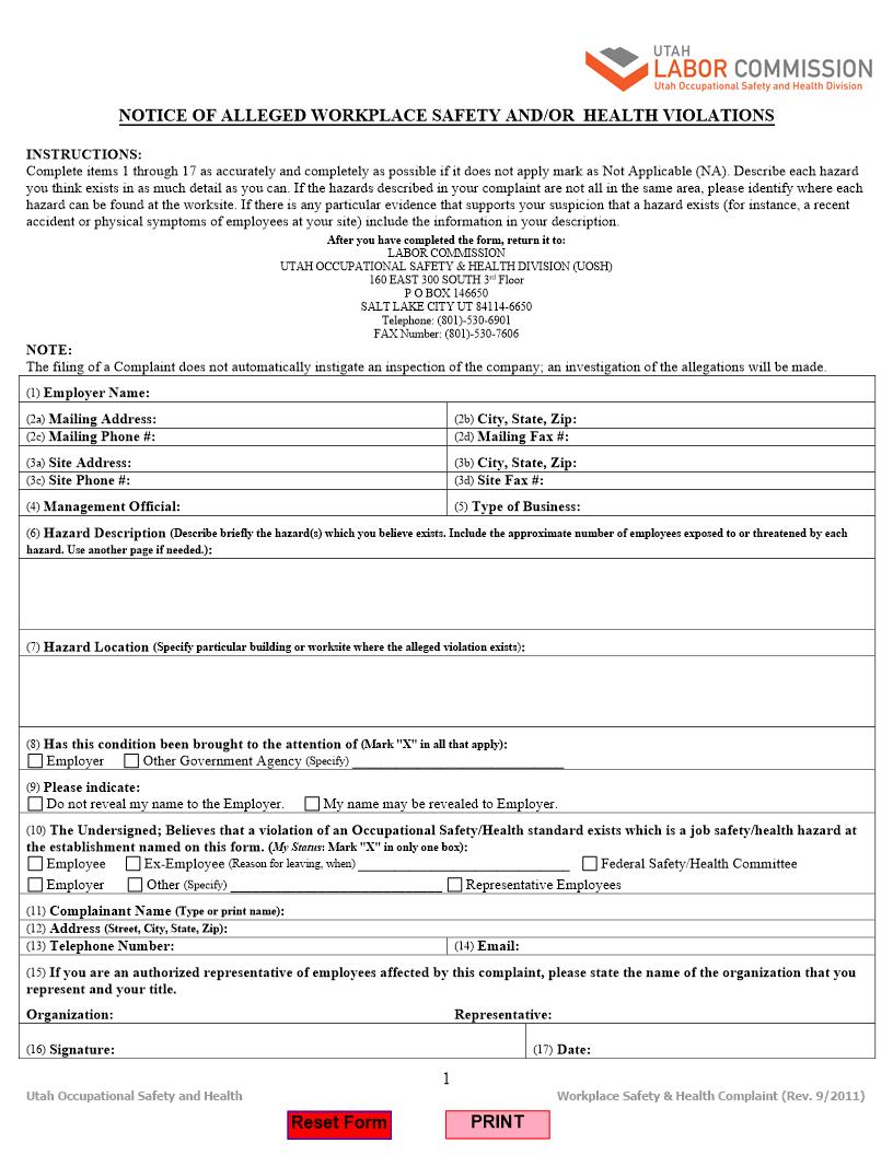 Notice Of Alleged Workplace Saftey And-Or Health Violations | Pdf Fpdf Docx | Utah
