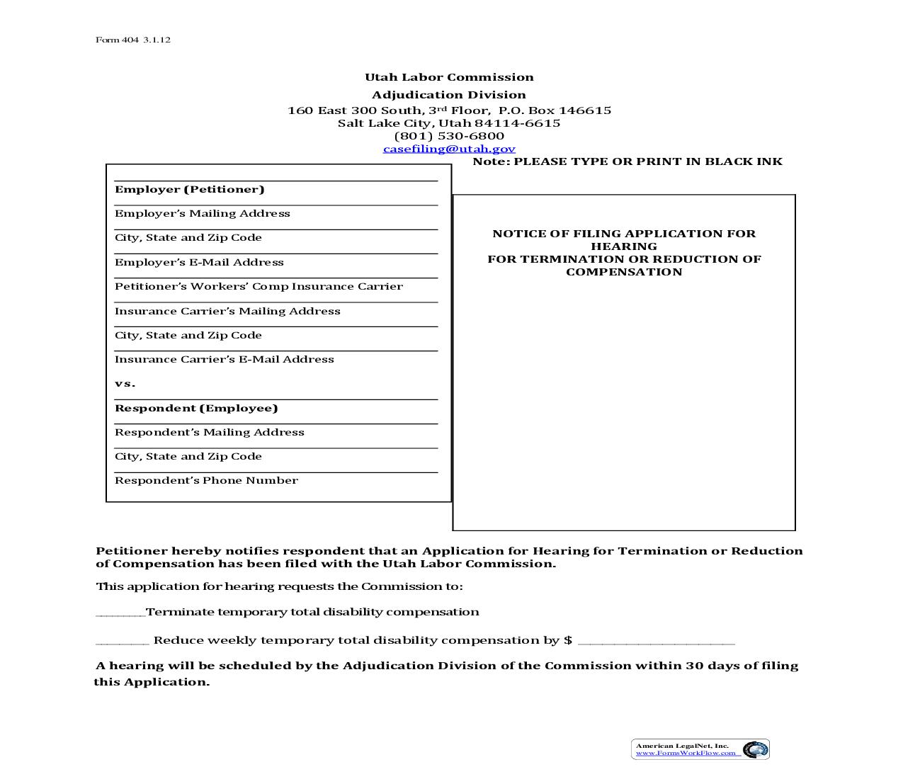 Notice Of Filing Application For Hearing For Termination Or Reduction Of Compensation {404} | Pdf Fpdf Doc Docx | Utah