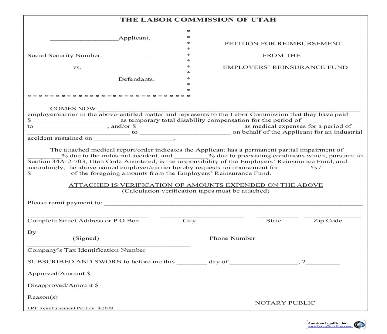 Petition For Reimbursement From The Employers Reinsurance Fund | Pdf Fpdf Doc Docx | Utah