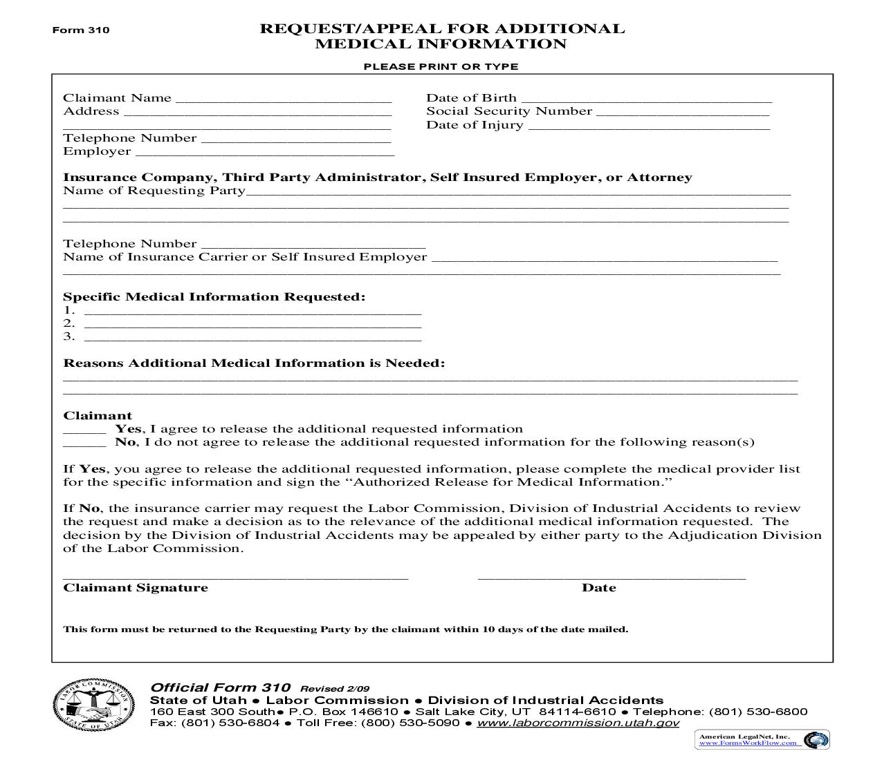 Request Or Appeal For Additional Medical Information {310} | Pdf Fpdf Doc Docx | Utah