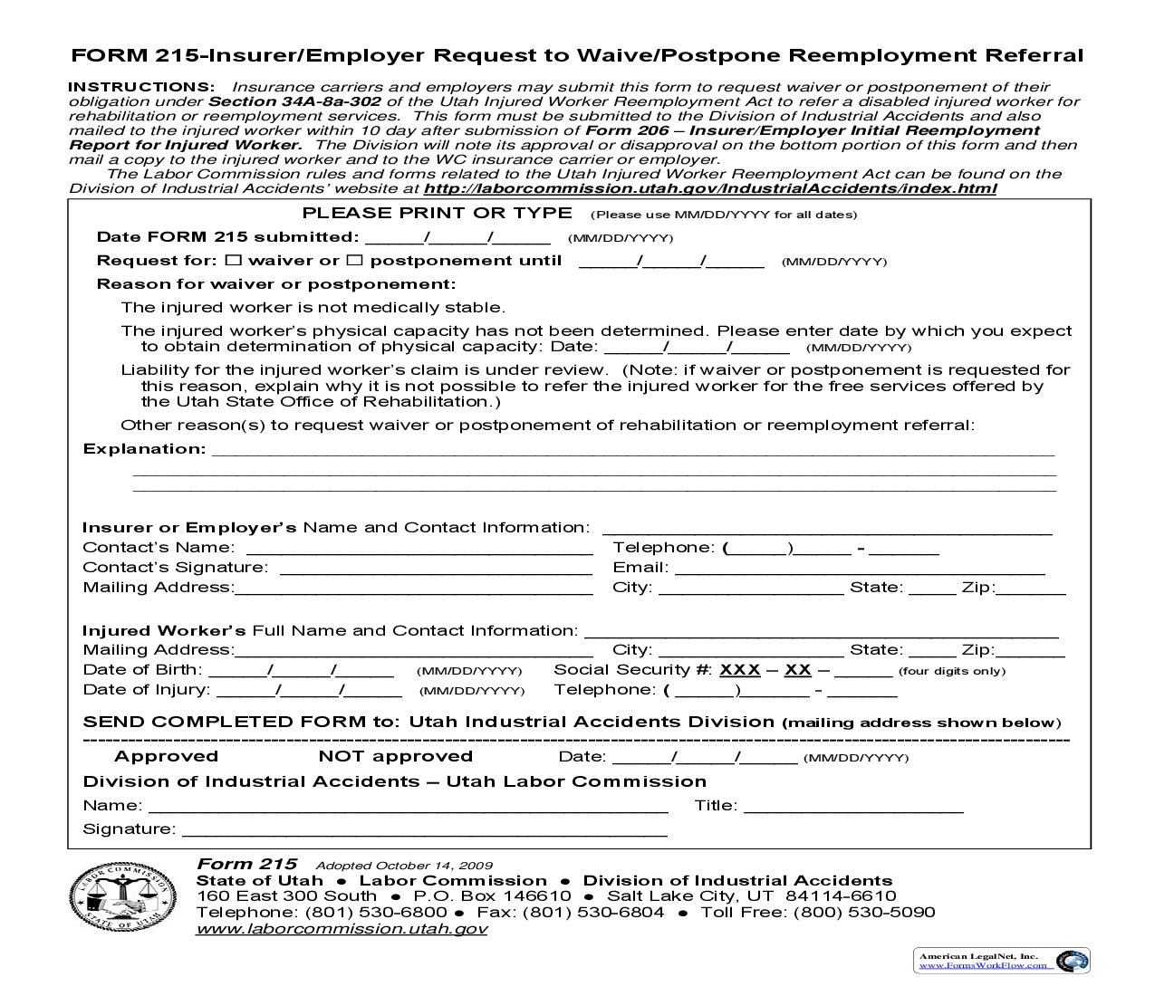 Request To Waive Or Postpone Reemployment Referral {215} | Pdf Fpdf Doc Docx | Utah