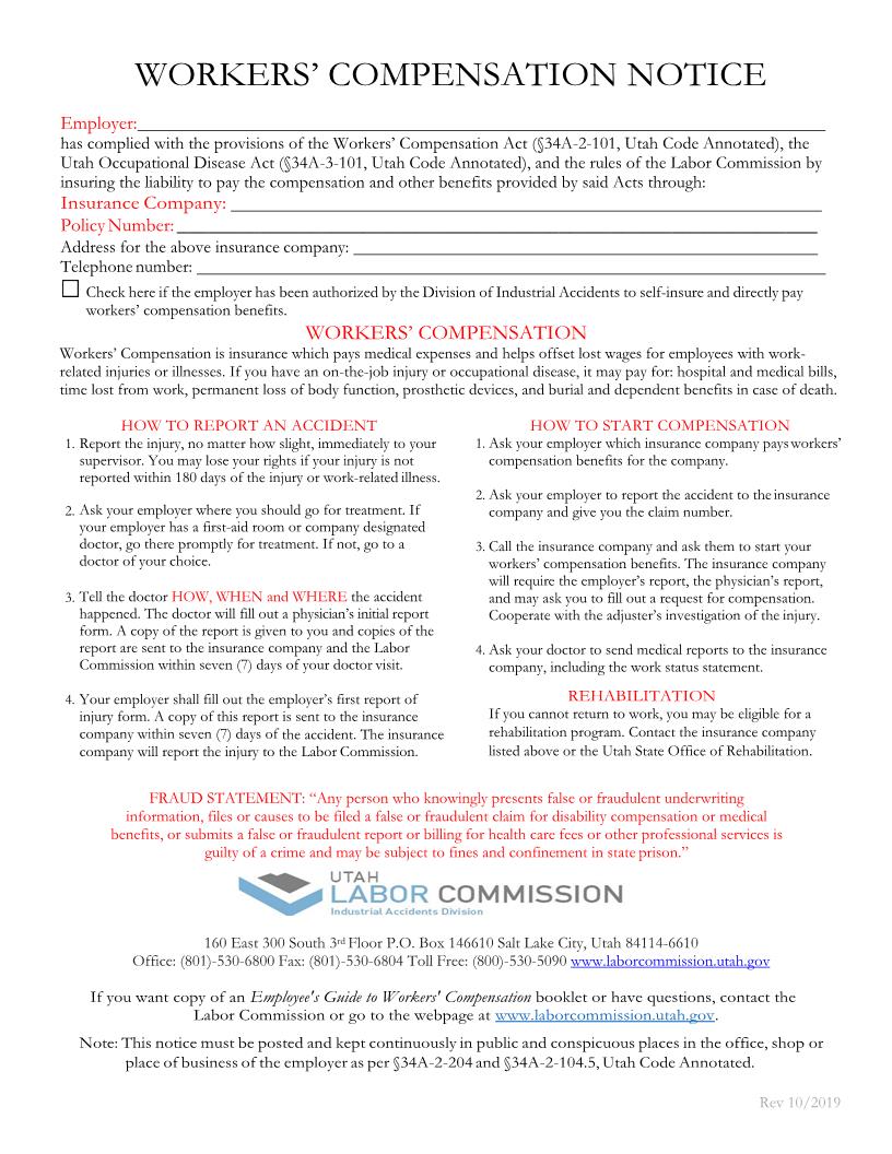 Workers Compensation Notice | Pdf Fpdf Docx | Utah