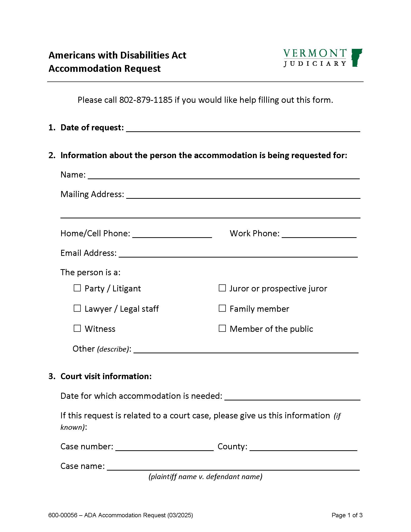 ADA Accommodation Request {600-00056} | Pdf Fpdf Docx | Vermont