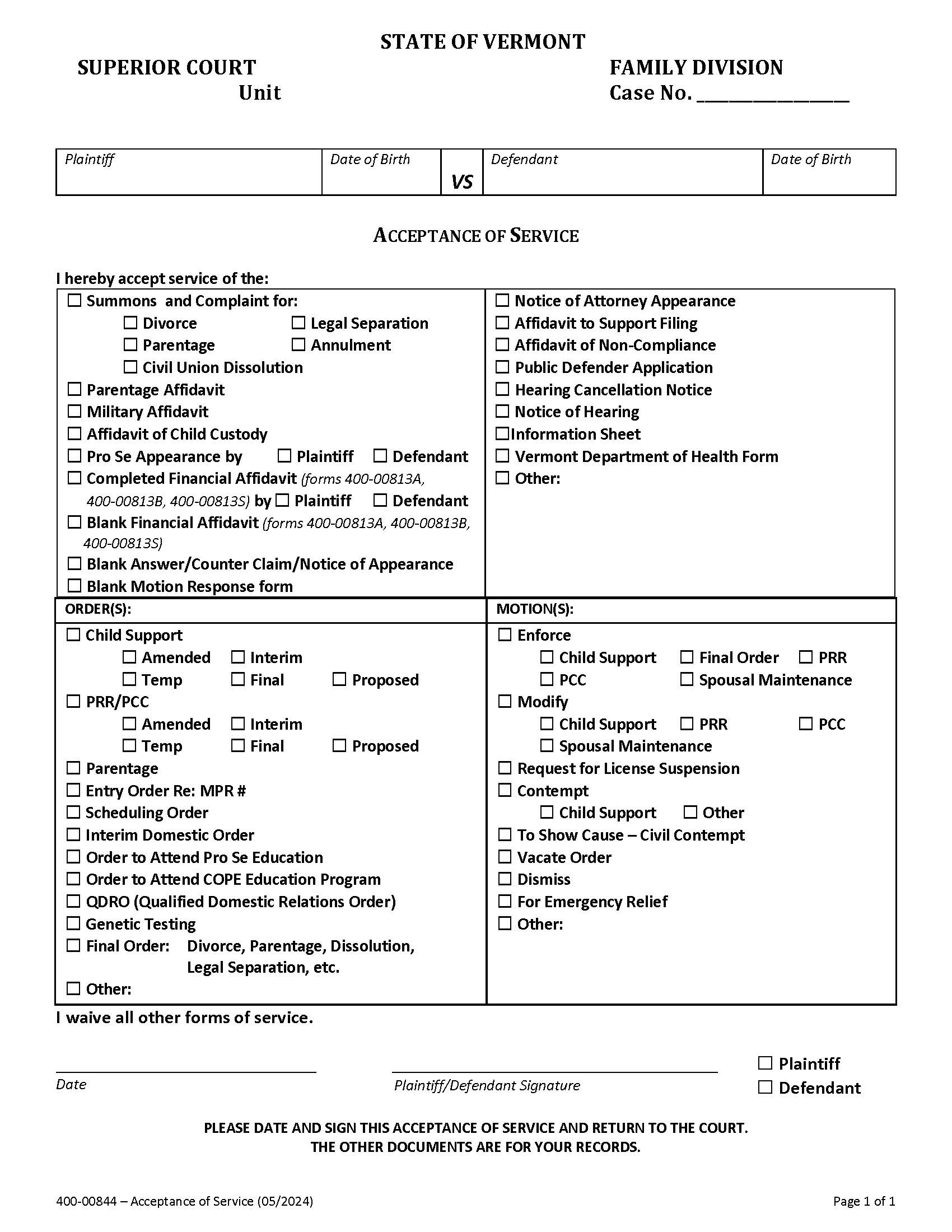 Acceptance Of Service {400-00844} | Pdf Fpdf Docx | Vermont