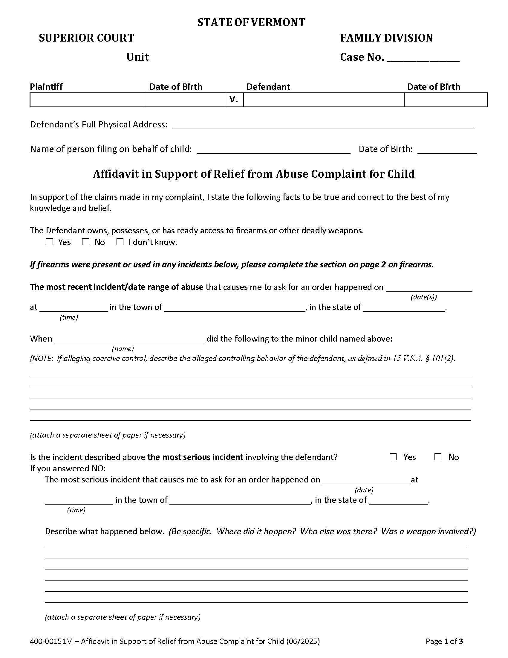 Affidavit In Support Of Complaint For Child {400-00151M} | Pdf Fpdf Docx | Vermont