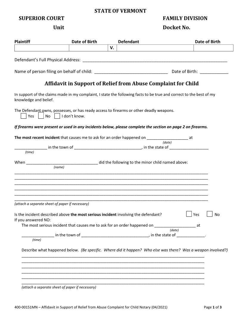 Affidavit In Support Of Relief From Abuse Complaint For Child {400-00151MN} | Pdf Fpdf Docx | Vermont