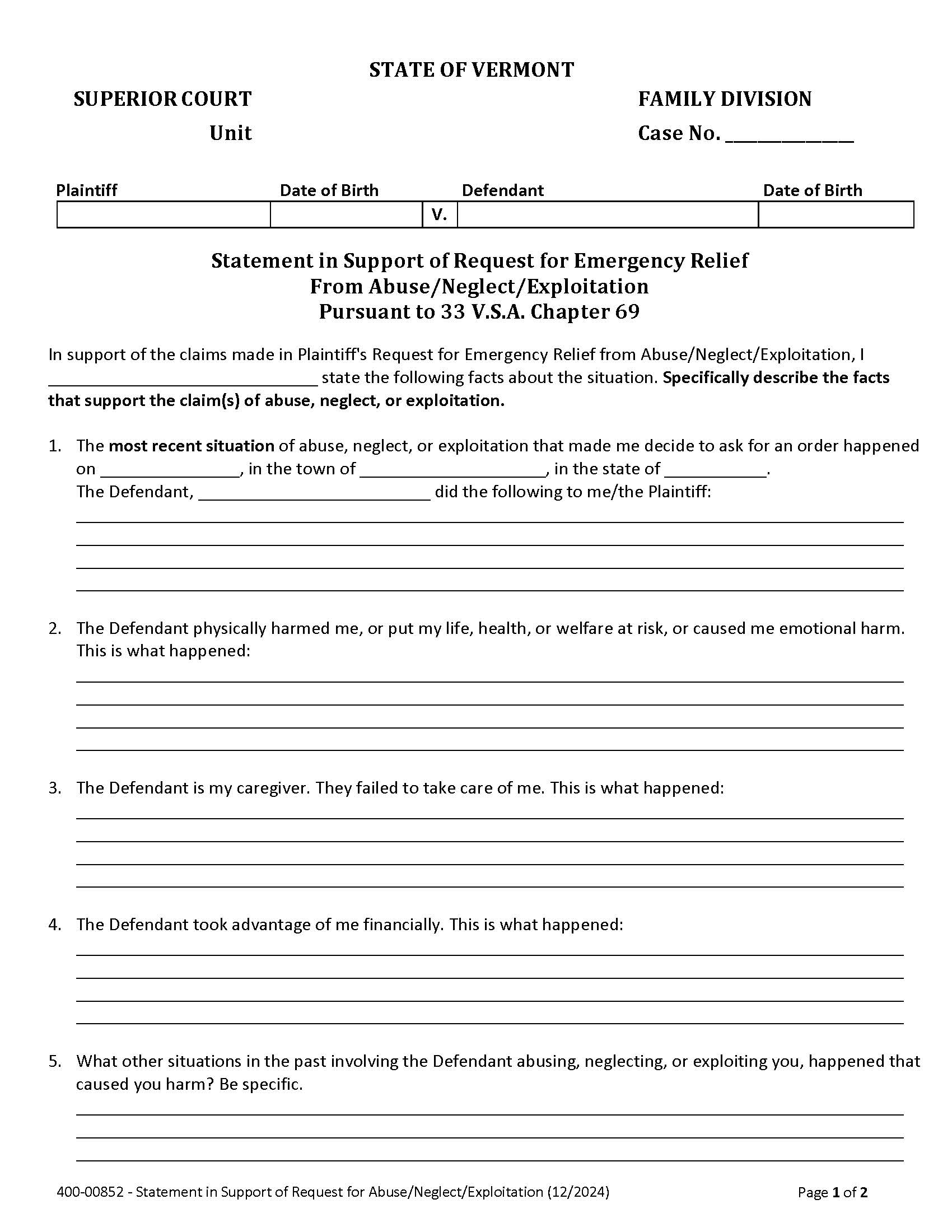 Affidavit In Support Of Request For Emergency Relief {400-00852} | Pdf Fpdf Doc Docx | Vermont