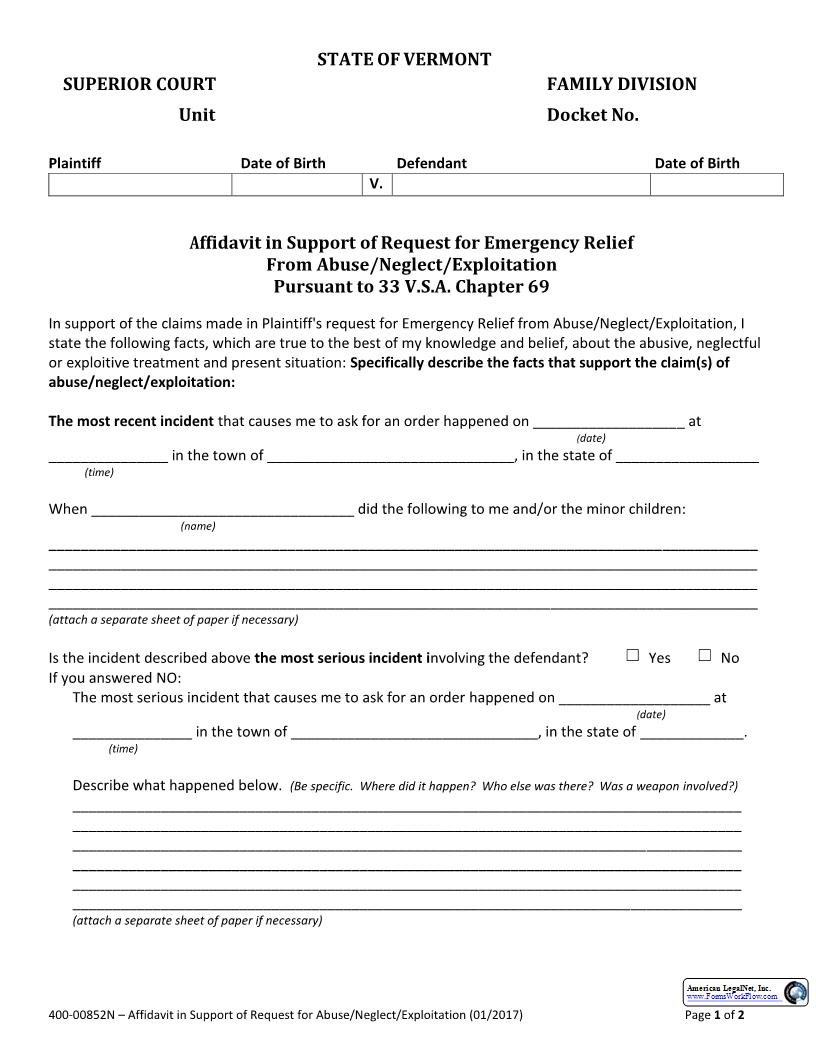 Affidavit In Support Of Request For Emergency Relief Notary {400-00852N} | Pdf Fpdf Docx | Vermont