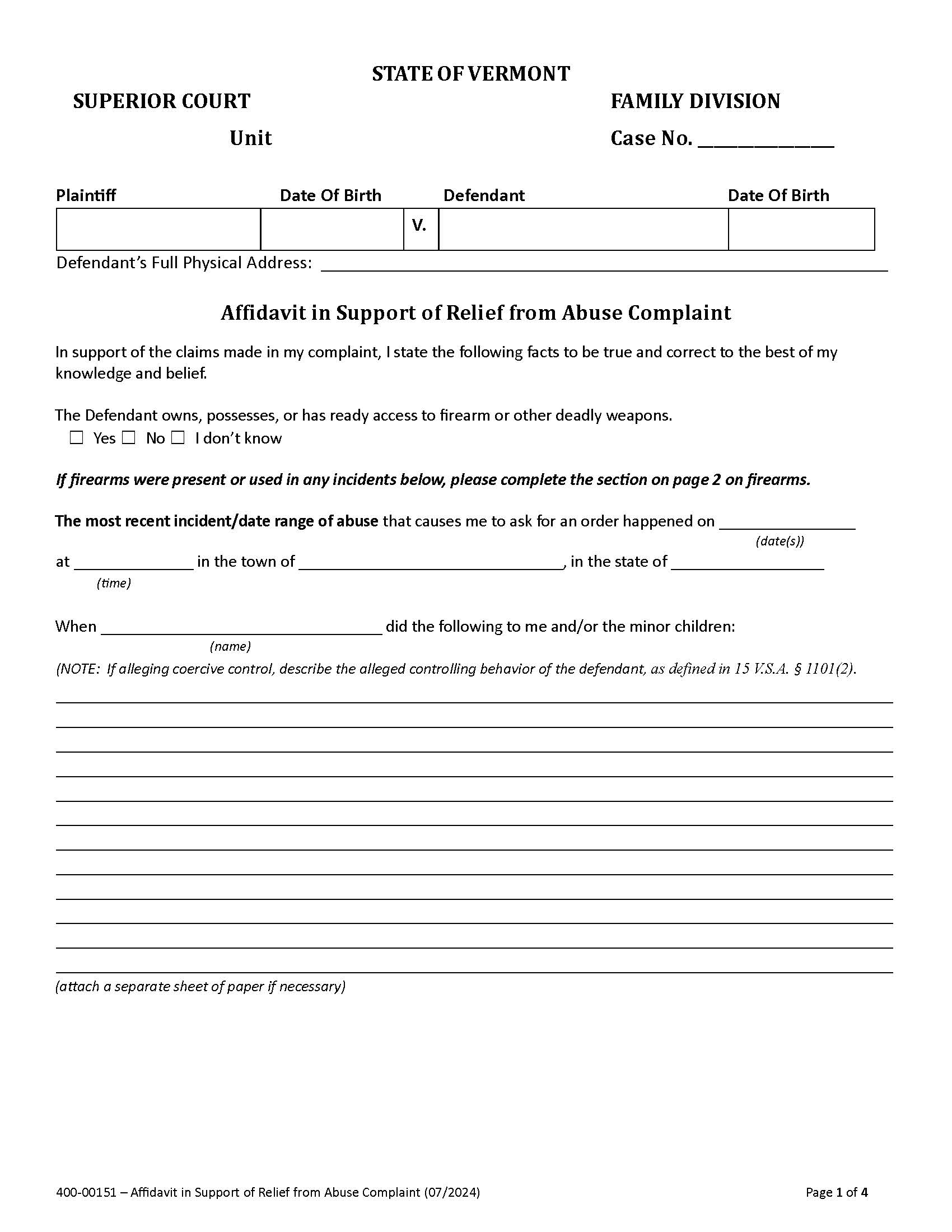 Affidavit in Support Of Relief from Abuse Complaint {400-00151} | Pdf Fpdf Docx | Vermont
