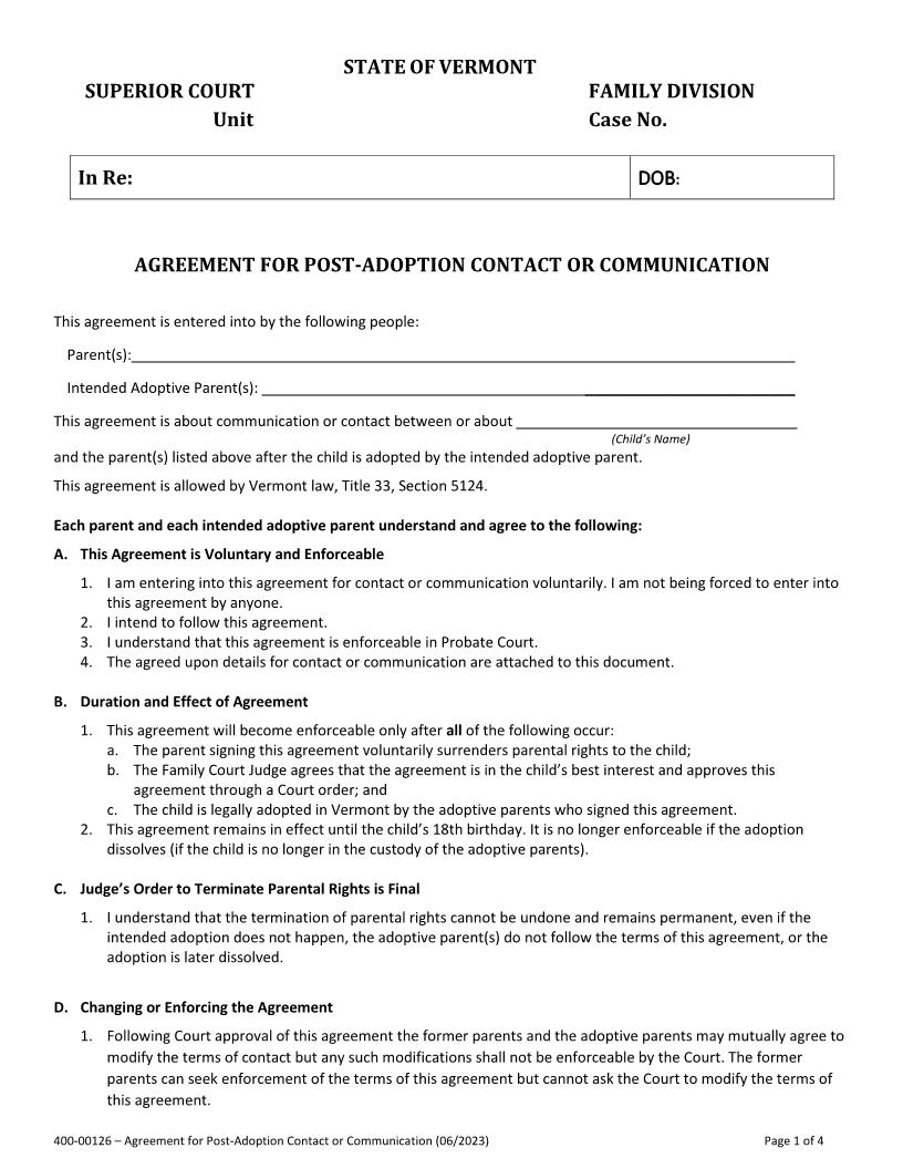 Agreement For Post-Adoption Contact Or Communication {400-00126} | Pdf Fpdf Doc Docx | Vermont