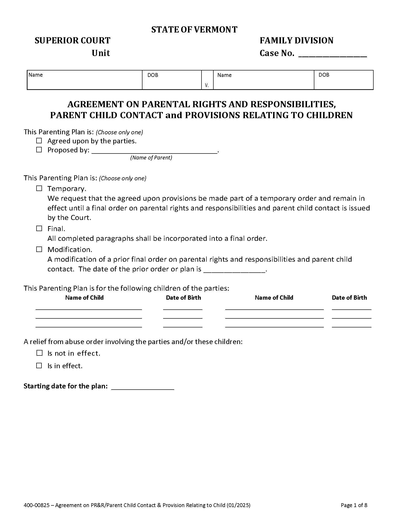 Agreement On Parental Rights And Responsibilities {400-00825} | Pdf Fpdf Docx | Vermont