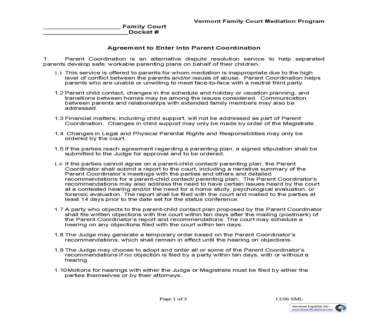 Agreement To Enter Into Parent Coordination | Pdf Fpdf Doc Docx | Vermont