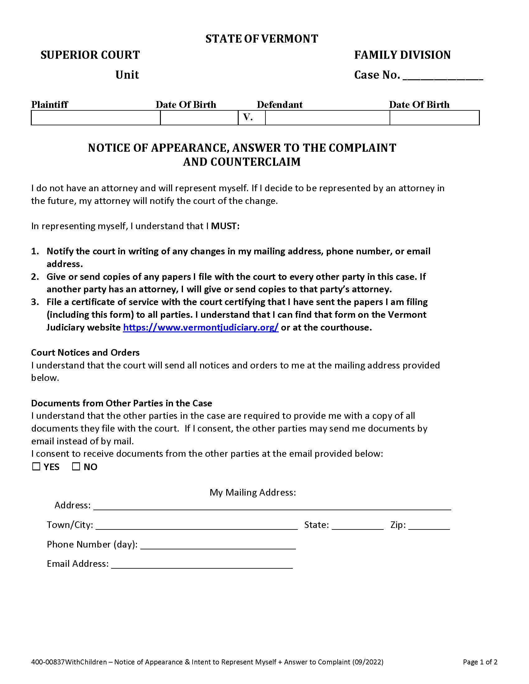 Answer To Complaint (With Children) {400-00837} | Pdf Fpdf Docx | Vermont