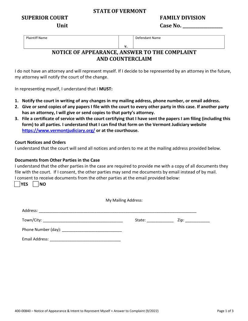 Answer To Parentage And Counterclaim {400-00840} | Pdf Fpdf Docx | Vermont