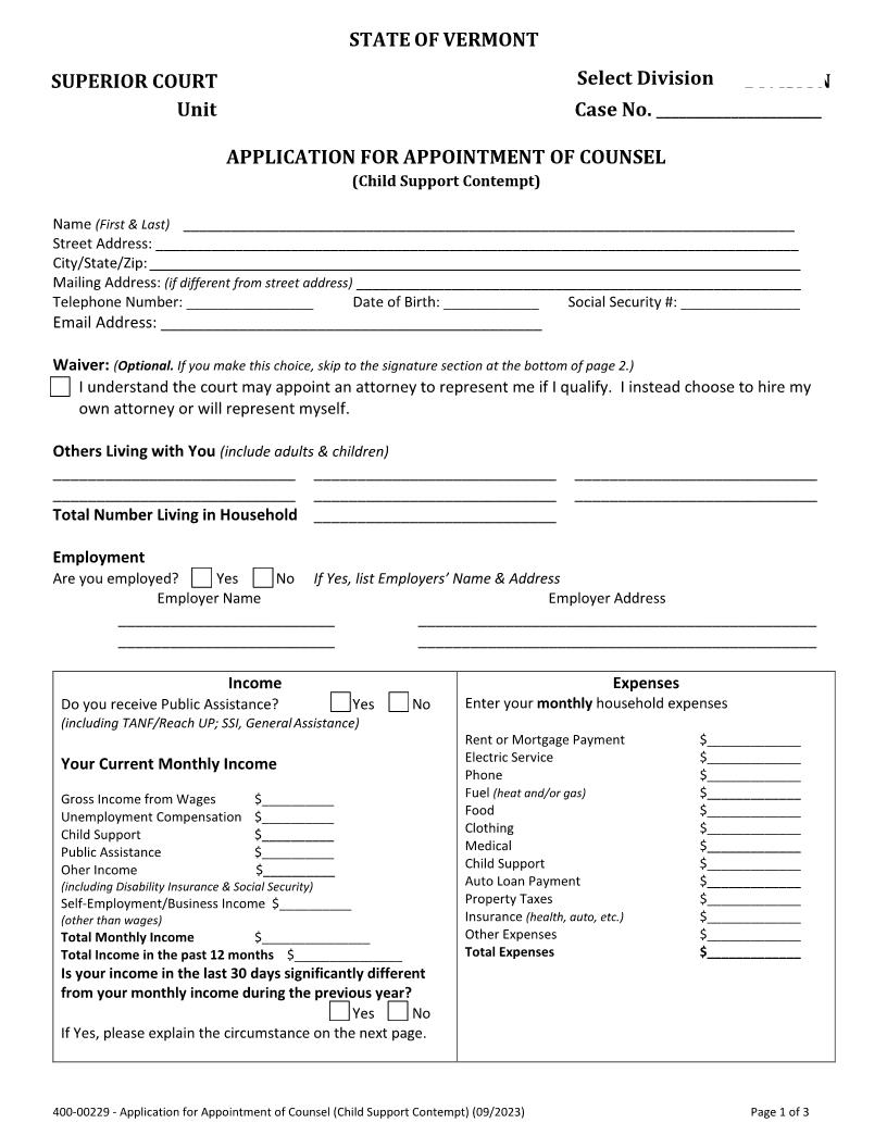 Application For Appointment Of Counsel Child Support Contempt {400-00229} | Pdf Fpdf Docx | Vermont