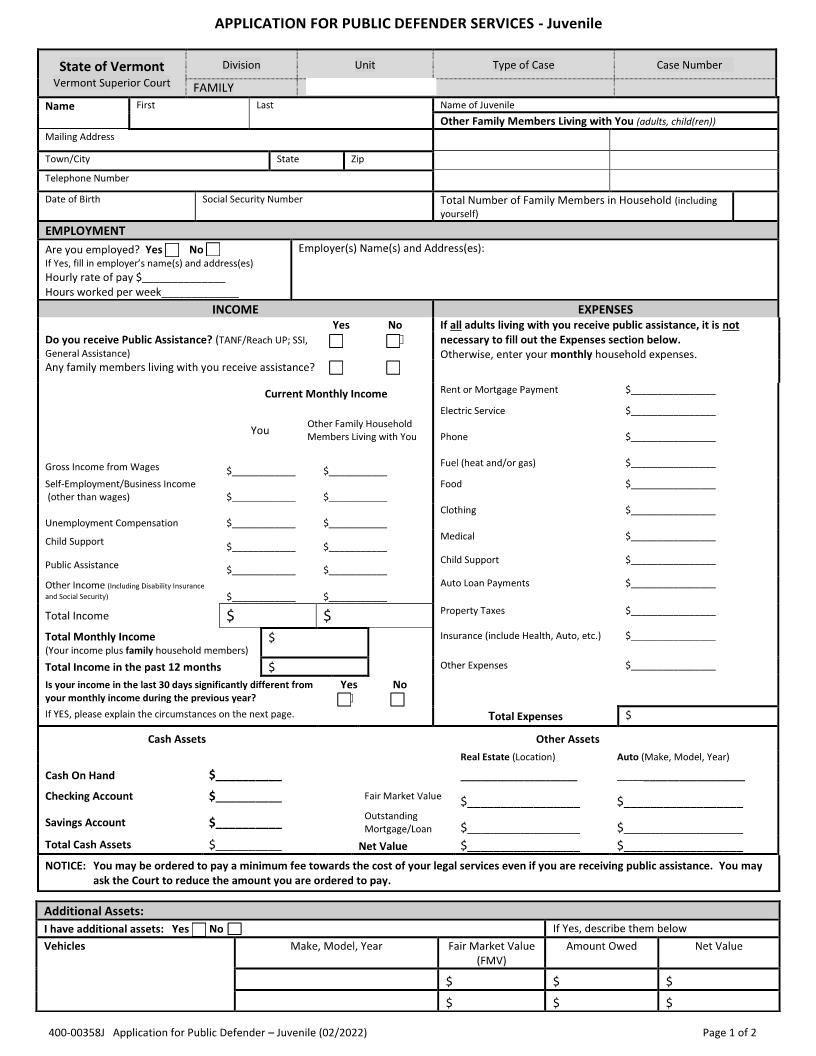 Application For Public Defender Juvenile {400-00358J} | Pdf Fpdf Docx | Vermont