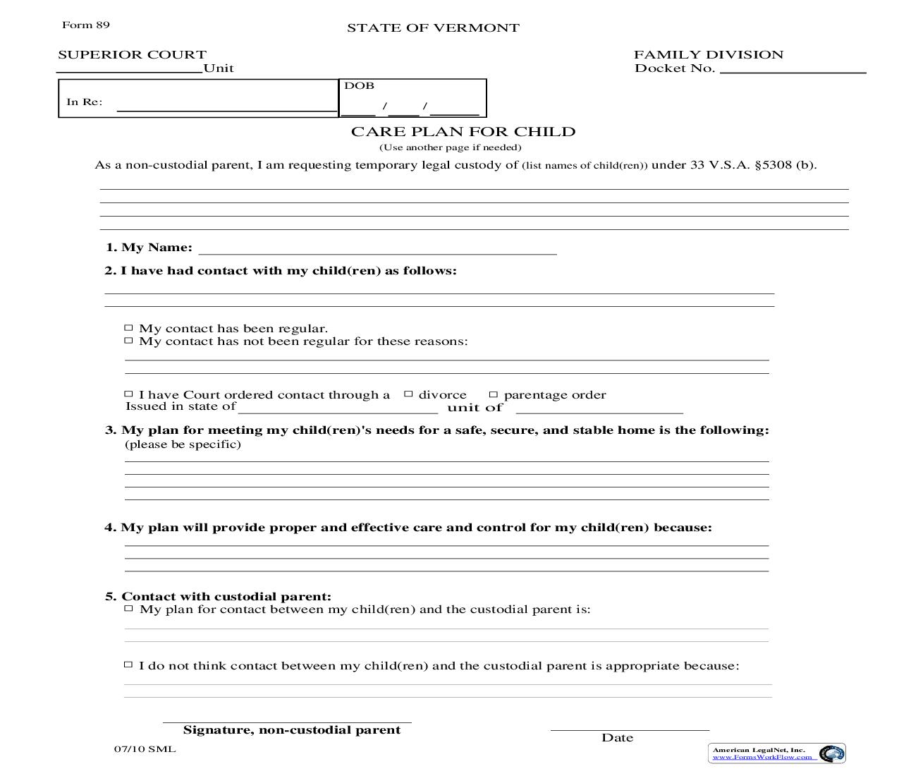 Care Plan For Child (Non-Custodial Parent) {089} | Pdf Fpdf Doc Docx | Vermont