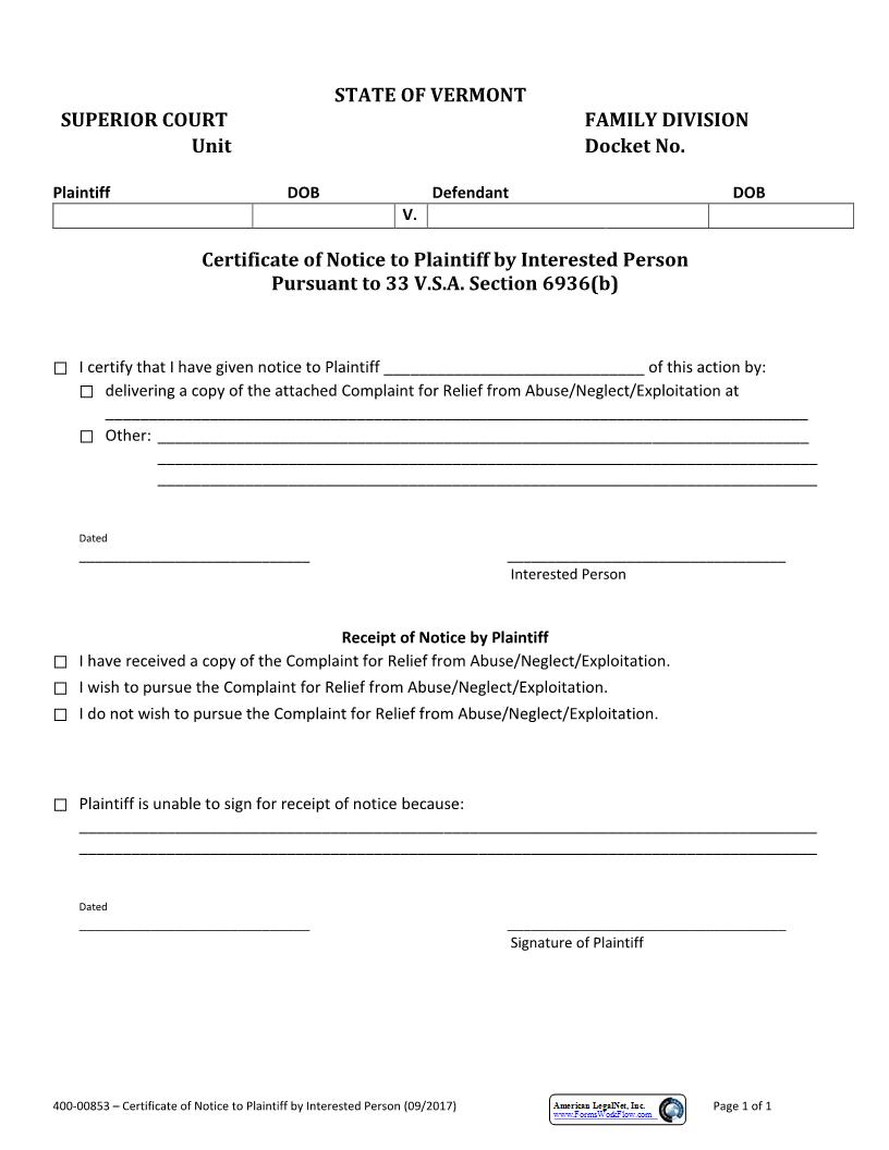 Certificate Of Notice To Plaintiff By Interested Person {400-00853} | Pdf Fpdf Docx | Vermont