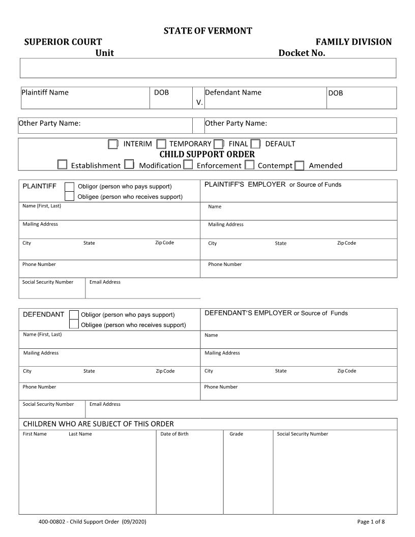 Child Support Order {400-00802} | Pdf Fpdf Docx | Vermont