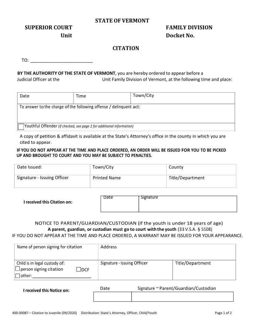 Citation To Juvenile {400-00087} | Pdf Fpdf Docx | Vermont