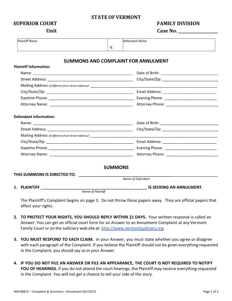 Complaint For Annulment {400-00815} | Pdf Fpdf Docx | Vermont