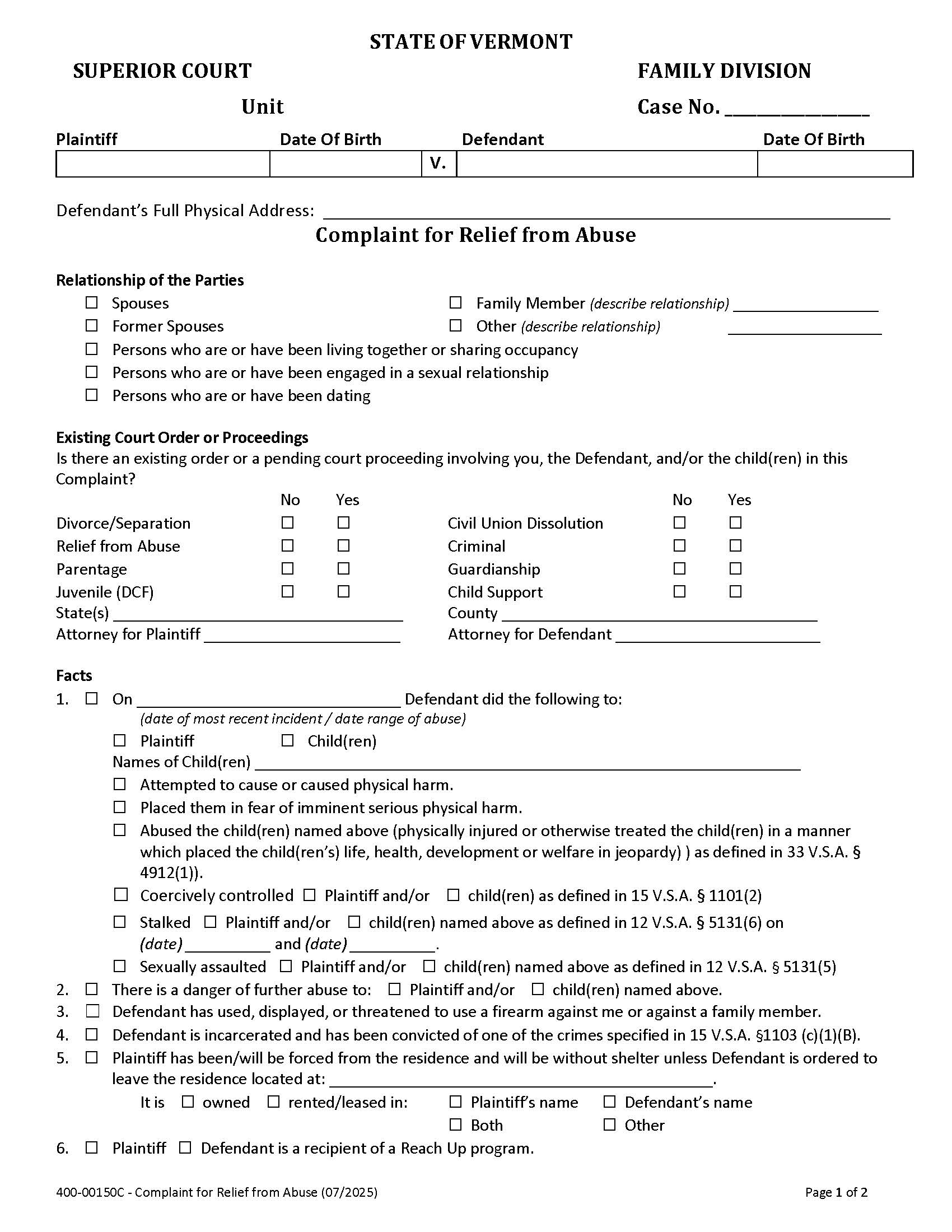 Complaint For Relief From Abuse {400-00150C} | Pdf Fpdf Docx | Vermont