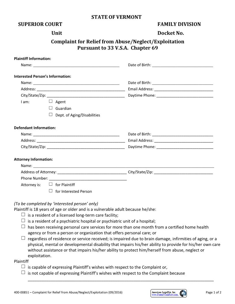 Complaint For Relief From Abuse Neglect Exploitation {400-00851} | Pdf Fpdf Docx | Vermont