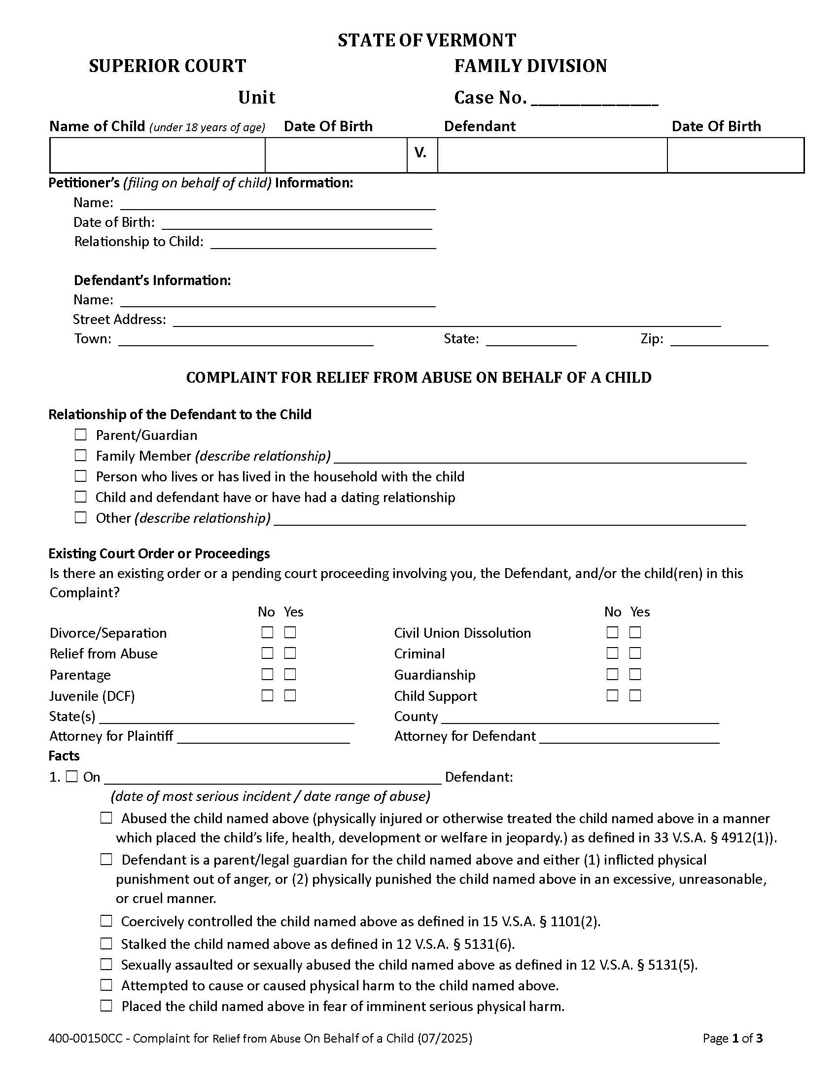 Complaint For Relief From Abuse On Behalf Of A Child {400-00150CC} | Pdf Fpdf Docx | Vermont