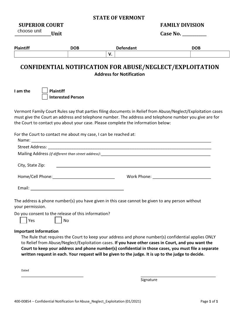 Confidential Address For Notification {400-00854} | Pdf Fpdf Docx | Vermont